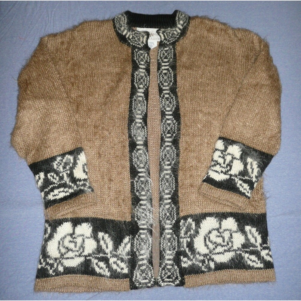 VTG Mohair Cardigan Sweater Niki Line Made in Italy Brown Black Floral Graphic L